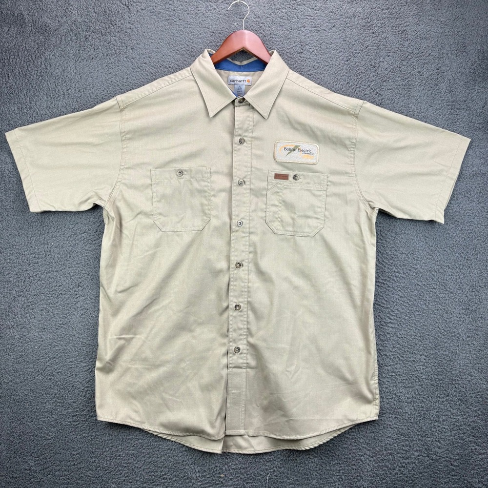 Carhartt Mens XL Tan Short Sleeve Button Up Work Shirt Bolton Electric Patch
